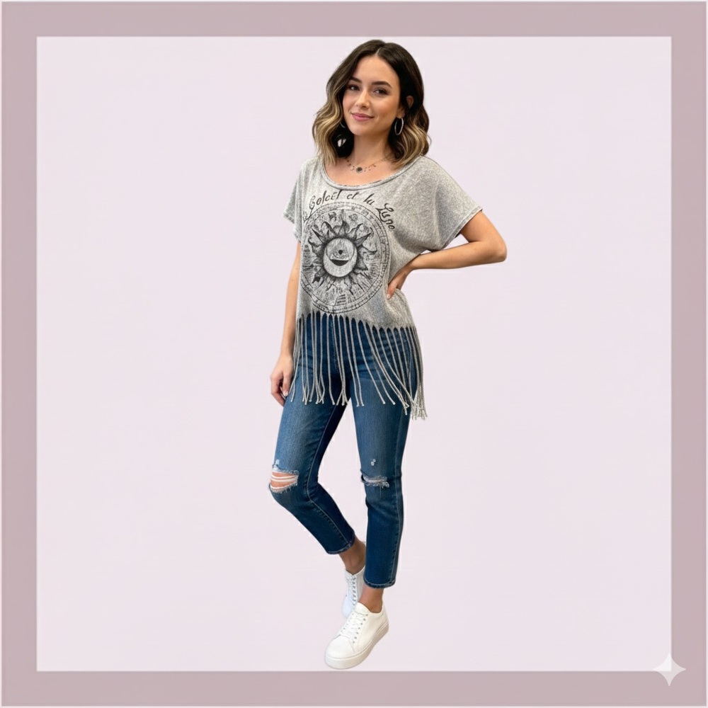 Love Culture Gray Fade-Wash Fringe “Le Soliel Et La Lune” Top
